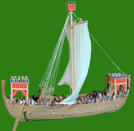 Seitenansicht eines Pilgerschiffs für 400 Personen vom Typ Nef mit